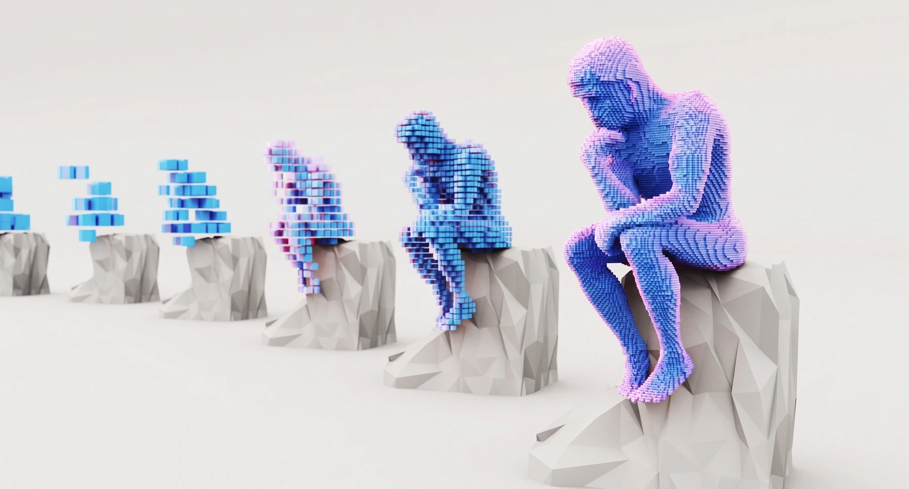 Detailed blue and violet voxel sculptures seated on stone plinths, with pixels across both figures separating and reassembling